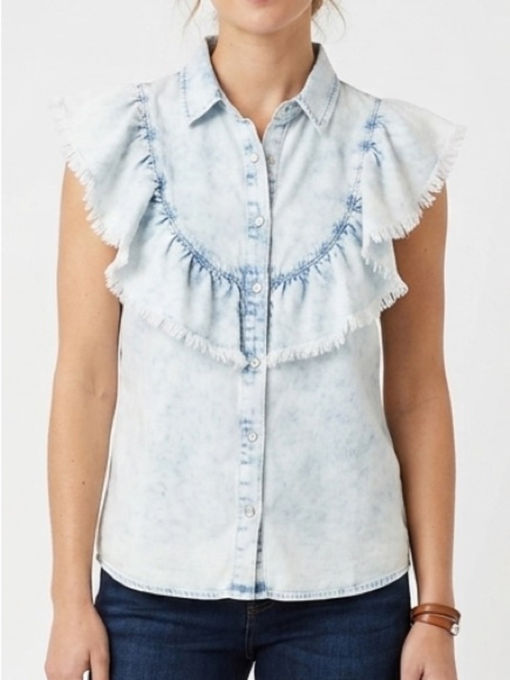 Liverpool Light Blue Denim Ruffle Button-Up Top Size M - Picture 2 of 9